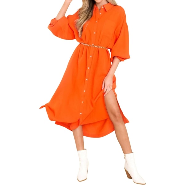 ivimos Långärmad överdimensionerad bomullsklänning för kvinnor Casual Midi-klänning med lös slits och ficka Orange Medium