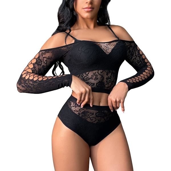 tifo Damunderkläder Nät BabyDoll Bodysuit Miniklänning Set En Storlek Svart T50a En Storlek