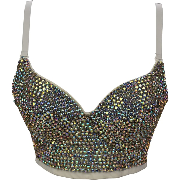 hutiff Korsett Rhinestone Dam Bustier Mode Nattklubb Fest Crop Top med Inbyggd BH Vit Stor