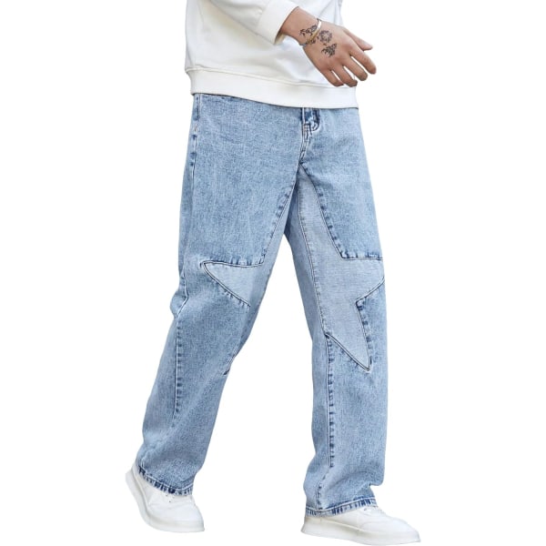 dusa lösa jeans med hög midja för män Baggy jeansbyxor med raka ben Byxor Star Blue X-Large