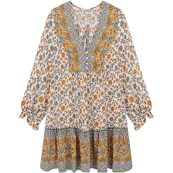 ivimos Dam Sommar Bomull Långärmad Casual Boho V-ringning Knappar Blommig Tryck Mini Tunika Klänning Vitgul Medium