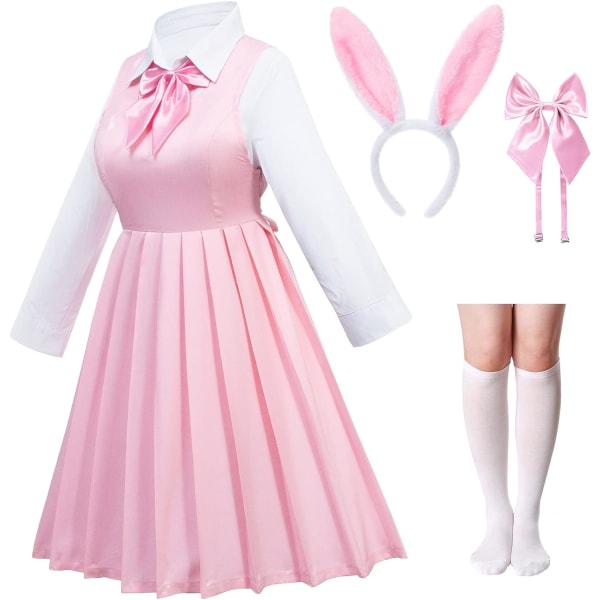 belle Klassisk japansk skolflickor Sailor Dress Skjorta Kjol JK Uniform Anime Bunny Ears Cosplay Kostymer Strumpor Rosett Set Typ2-rosa Liten