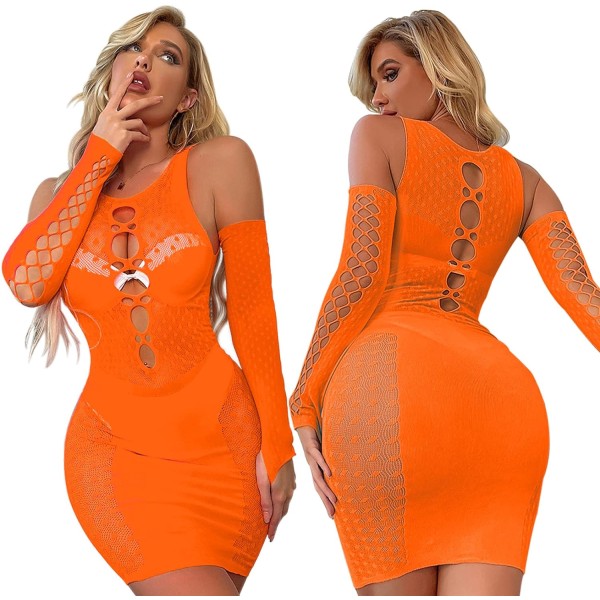 hicGu Damkläder Fishnet Lingerie Mesh Hole Chemise Lingerie Långärmad Babydoll Bodysuit Klänning Fri Storlek för Kvinnor Flickor Orange