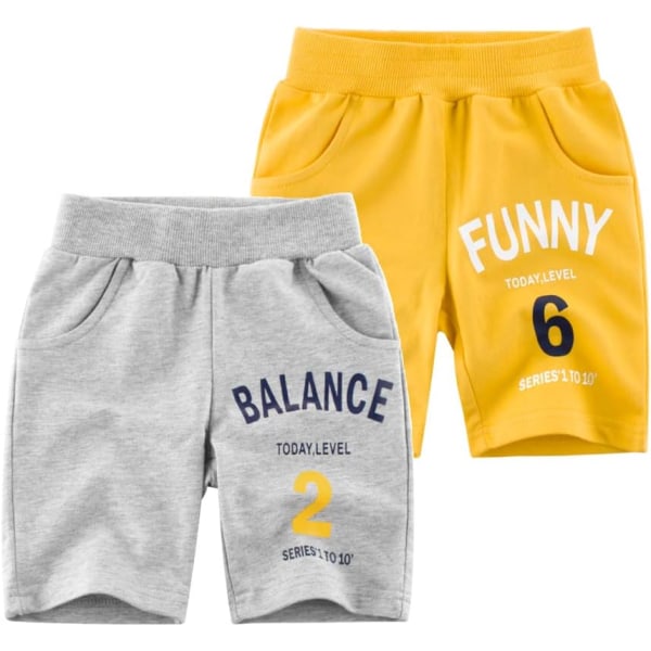 Xiang 2-pack stickade sportsshorts för pojkar och flickor, mjuka shorts med dragsko för småbarn och bebisar, gula och grå, 4T