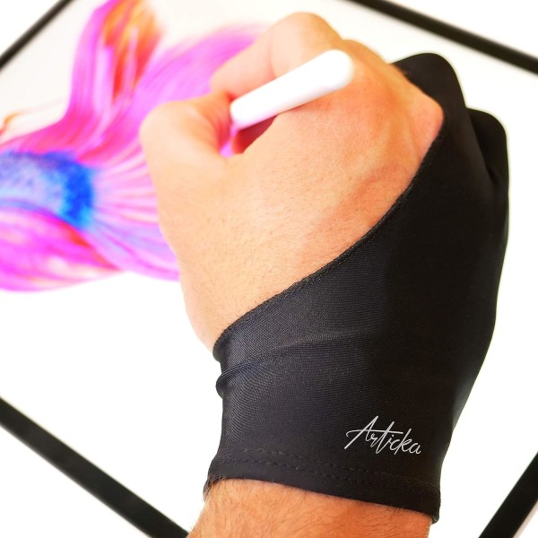 Aicka konstnärshandske för ritplatta, iPad (fläckskydd, tvåfinger, minskar friktion, elastisk lycra, bra för höger och vänster hand) (stor, svart)