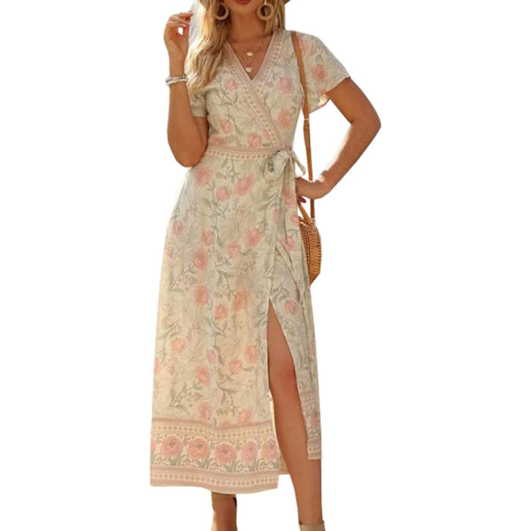 ivimos Dam Sommar Kortärmad Blommig Tryck Bohemisk Strand Midja Slips Wrap Lång Flytande Klänning med Slit Beige XX-Large