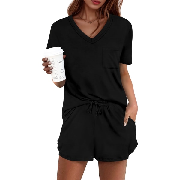 MOON Damkläder Pyjamas Set 2-delat Lounge Set Söt Kort Pyjamas Med Ficka Sovkläder Svart Medium