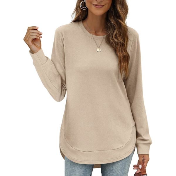 EFAN Damtröja Crewneck Långärmad Skjortor för Kvinnor Hög Låg Toppar Kurvad Fåll 03-khaki XX-Large