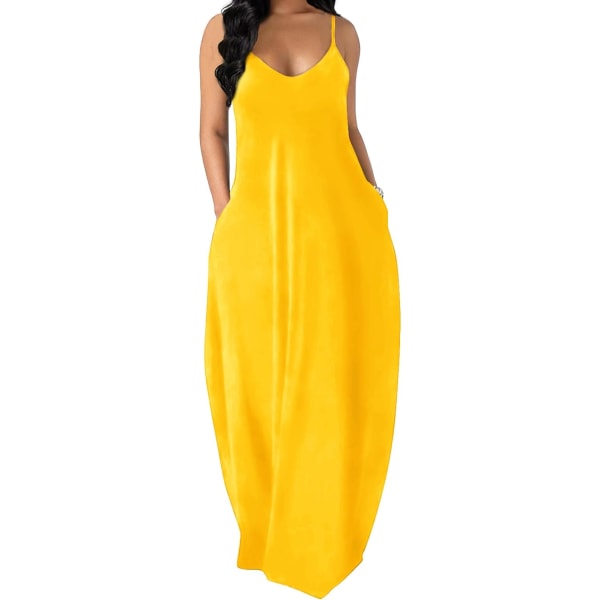 EFAN Damklänningar Sommar Spaghetti Strap Klänning med Ficka Af- Gul XX-Large