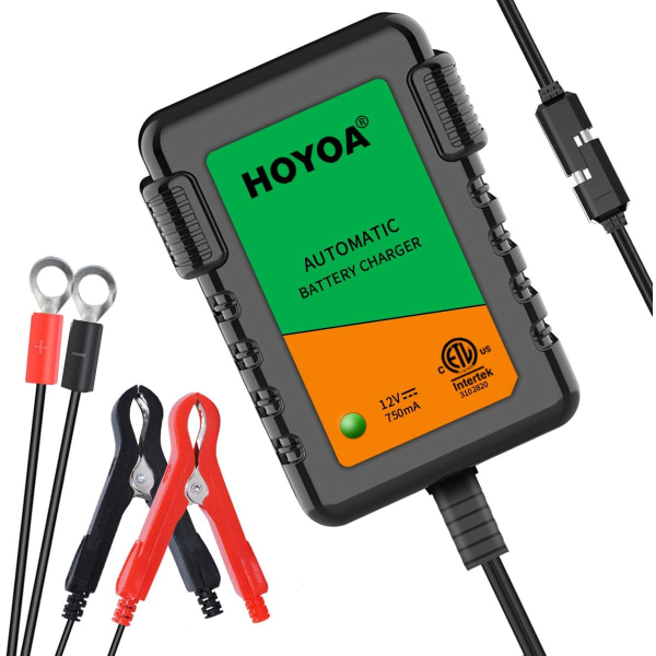 HOA 12v 750mA Bilbatteriladdare Underhållsladdare, Blysyra/Gel/AGM Batteriladdare för Motorcykel Bil och Gräsklippare