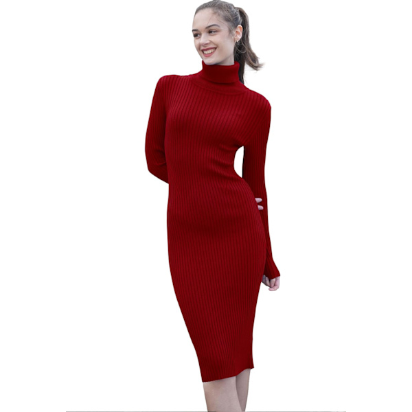 Kvinnor Stretchig Stickad Långärmad Slim Fit Ribbad Mjuk Tröjklänning En Bourgogne Medium