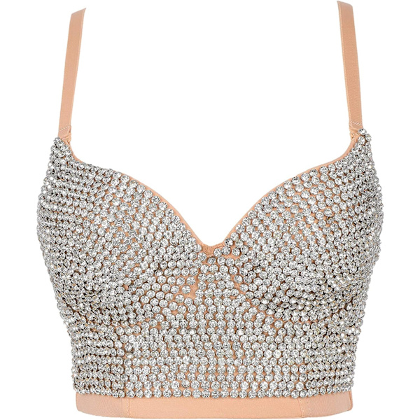 en's Bustier Crop Top Mesh Corset Top Push up Rhinestone Diamond Bra Club Party Vest #2 Silver&beige Small