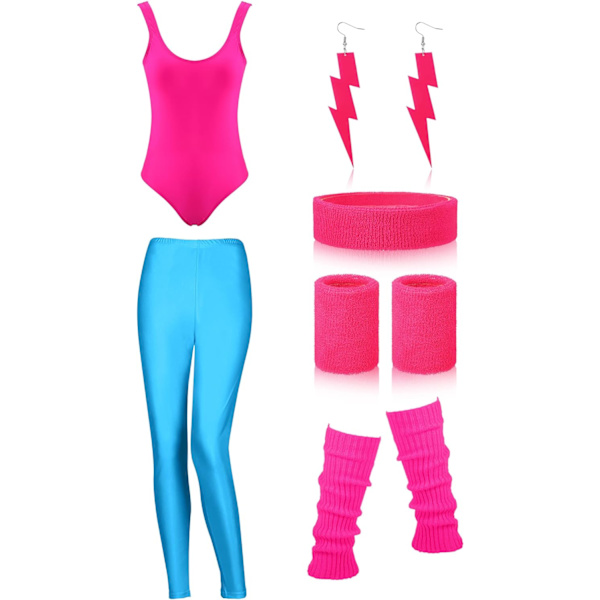 INIOR Dam 80-talets 90-talets Träning Kostym Outfit Tillbehör Set Benvärmare Hårband Armband Örhängen Baddräkt Dräkt Ros Röd, Fluor Medium