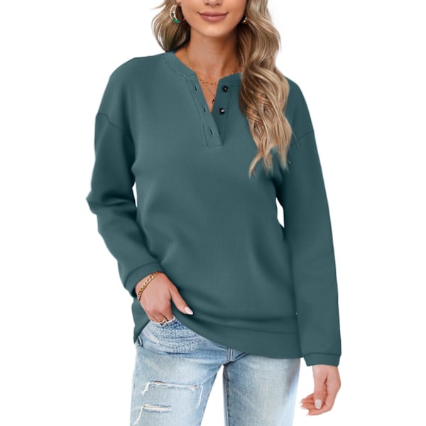 EFAN Dam Casual Sweatshirts Henley Button Up Långärmad Tunika Toppar 05-grå Blå Liten
