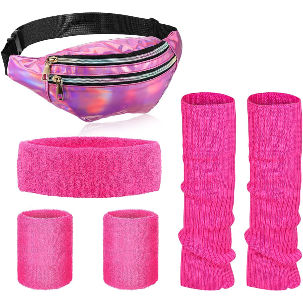 INIOR 80-tal kvinnor Neon Benvärmare Set Holografisk Fanny Pack Stickad Benvärmare Pannband Armband för Yoga Running Rosa, Rose Red One Size
