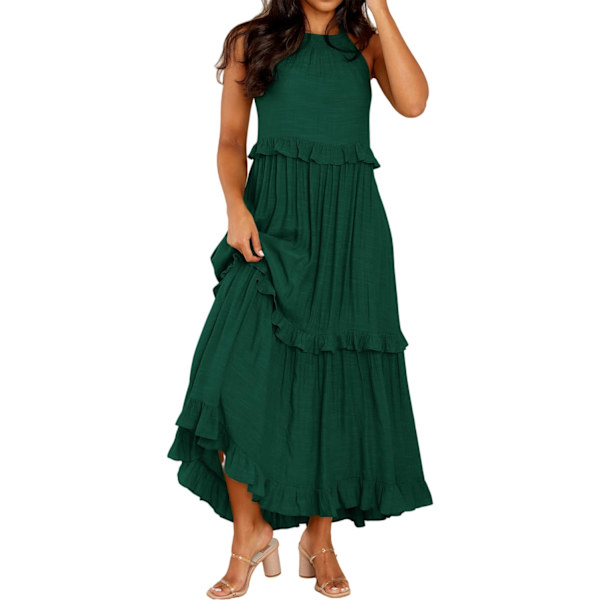 ivimos Dam Sommarklänning Bomull Ärmlös Halterneck Lager Ruffles Casual Boho Flytande Maxiklänning Smaragdgrön X-Large