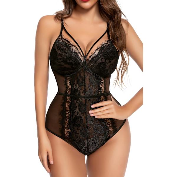 EXY Dam Lingerie Djup V Spets Bodysuit Knäppning Gren Teddy Sexig Naughty En Delad Babydoll Remsad Genomskinlig Mesh Chemise Svart Medium
