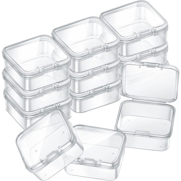 INIOR 12-pack klara plastpärlor förvaringsbehållare Box med gångjärnslock för pärlor och mer (5,2 x 3,03 x 1,18 tum) 1,7 x 1,7 x 0,79 tum