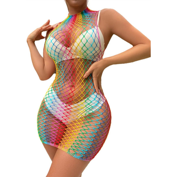 en Rave Rainbow Striped Push Up Swimsuit Bikini See Through Mesh Bodysuit Beachwear for Dance Festivals X Multicolored  One Size