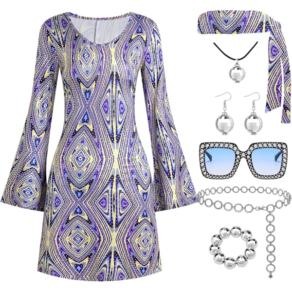 rjoke 70-tals disco-outfit för kvinnor, 7 delar 70-tals discoklänning kostym hippie kläder accessoarer smycken Halloween lila X-Large