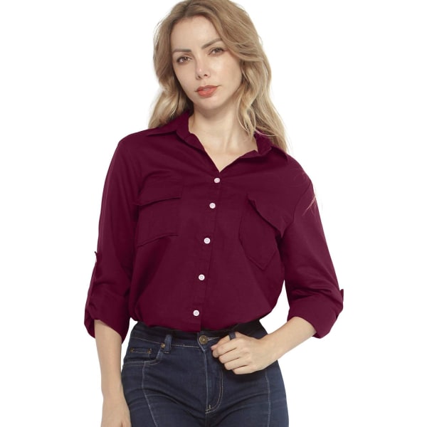 ch Långärmade skjortor i linne med knappar för kvinnor med fickor #2046 Claret X-Small