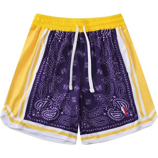 EMON herr basketshorts träning atletisk paisley shorts mesh print löparshorts lila small
