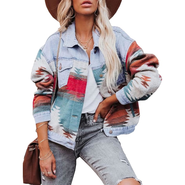 ythe Dam Aztec Shacket Jacka Lapel Long Sleeve Retro Jean Coat Oversized Western jeansjacka Ljusblå liten