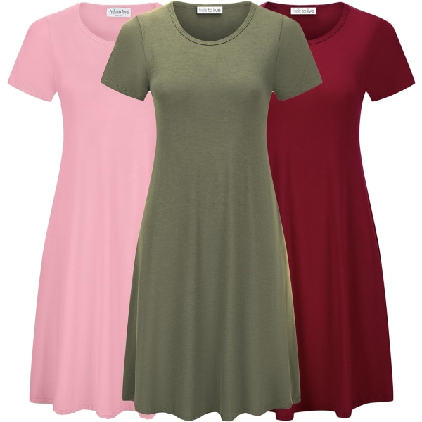 e to Live 3-pack dam t-shirt med kort ärm, extra långa, löst sittande, casual klänningar, oliv, rosa, vit, stor
