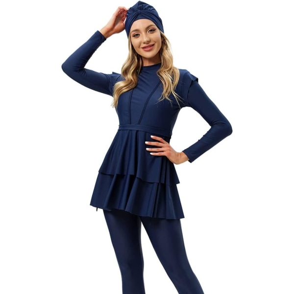 est muslimska badkläder för kvinnor långärmade cover baddräkt Burkini Top Byxor Cap 3 st Set Islami Blue 3X-Large