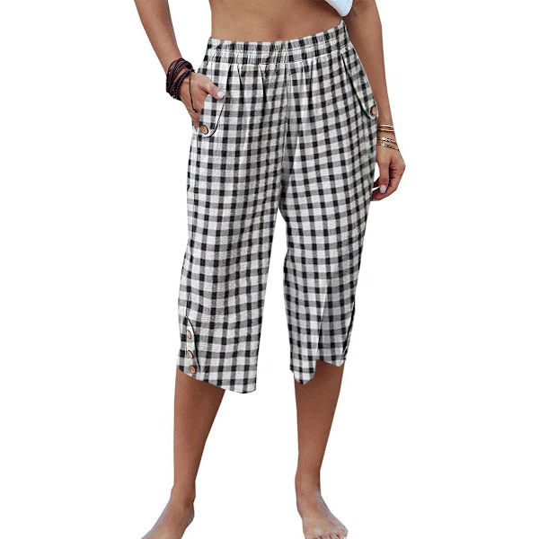 aer Dam Capribyxor Casual Cropped Byxor Elastisk Midja Sommarbyxor 3/4 Längd Byxor med Ficka S-XXL Z-svart Rutig Medium