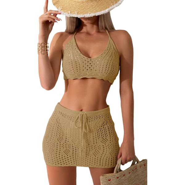 dusa Damkläder ihålig virkad halterneck topp och kjol cover up set khaki small