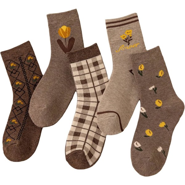 dusa Kvinnors 6 par blommigt print Crew Socks Coffee Brown One Size