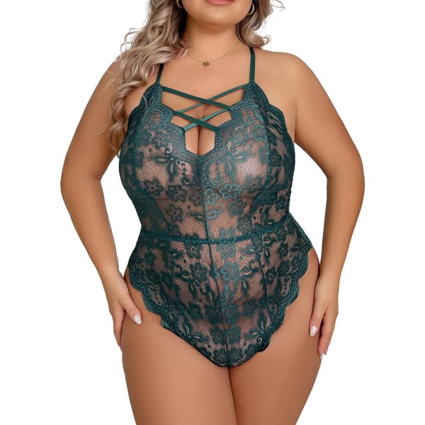 nalla Dam Plus Size Spets Bodysuit Sexig Lingerie En Delad Babydoll Lingerie Mörkgrön X-Large