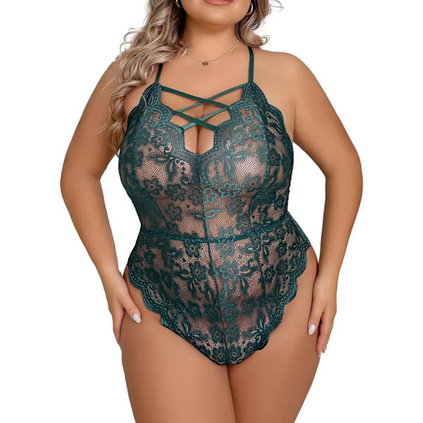 nalla Dam Plus Size Spets Bodysuit Sexig Lingerie En Delig Babydoll Lingerie Mörkgrön XX-Large