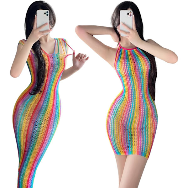 atStyler Regnbågsfisknät Lingerie Kvinnor Miniklänning Fishnet Romper Bodycon Mesh Babydoll Bodystocking Genomskinlig Omslag U Regnbågsremmar