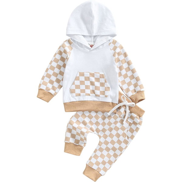 esoull Pojktröja med lapptäcke, långärmad tröja, enfärgad byxa, outfit, höst vinter baby huvtröja klädset