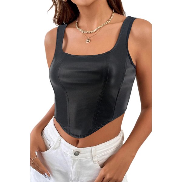 ora Dam Sexy Wetlook Metallic Cami Vest Crop Tank Top Blus Svart Pu Medium