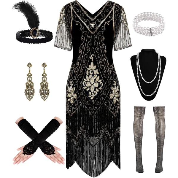 DPARTY 1920-talet Kvinnor Klaffklänning Paljettklänning V-hals Spets Fransad Gatsby-klänning Kostym med rytande 20-talstillbehör Svart-guld 3X-Large