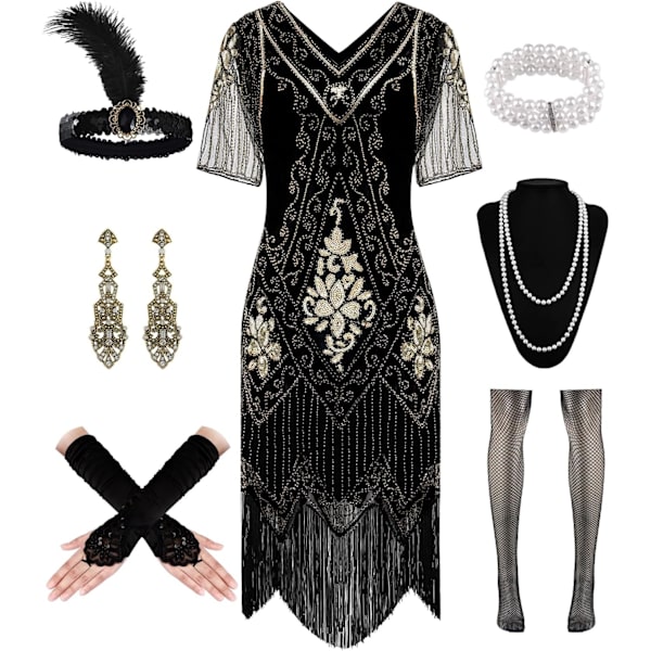 DPARTY 1920-tals dam flapperklänning paljettklänning V-ringad spets fransad Gatsby-klänning kostym med rytande 20-tals accessoarer svart-guld XX-Large