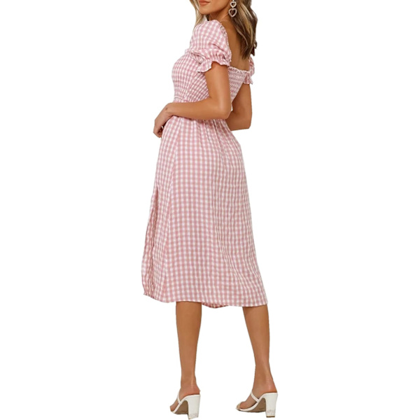 ivimos Sommarklänning för kvinnor Bomull Rutig Puffärmar Avslappnad Off-Shoulder Boho Sidoslitsad Midiklänning Rosa-s-rutig X-Large