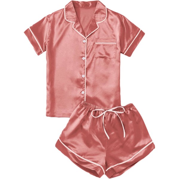 dusa dam 2st satäng nattkläder knapp framtill sovkläder kortärmad set 1-rosa liten