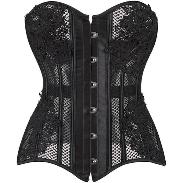 ay Svart Kvinnors Andningsbara Korsett Topp - Sexig Genomskinlig Mesh - Satin Overbust Snörning - Midjetränare för Kvinnor Svart Stor