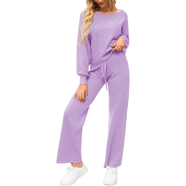 nya dam 2-delade träningsset långärmad stickad tröja vida byxor outfits loungewear set
