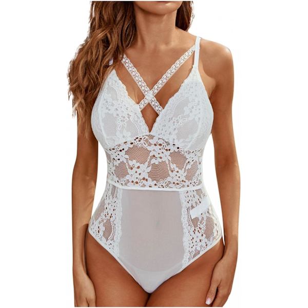 ER Dam Spets Teddy Lingerie One Piece Sexig Strappy Bodysuit Naughty Babydoll Vit. XX-Large