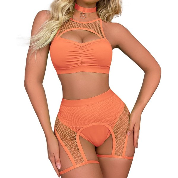 FIP Dam Rave Outfits Cutout Fishnet Top Booty Shorts Botten Choker 3Pcs Babydoll Nattkläder Festival Lingerie Orange Medium