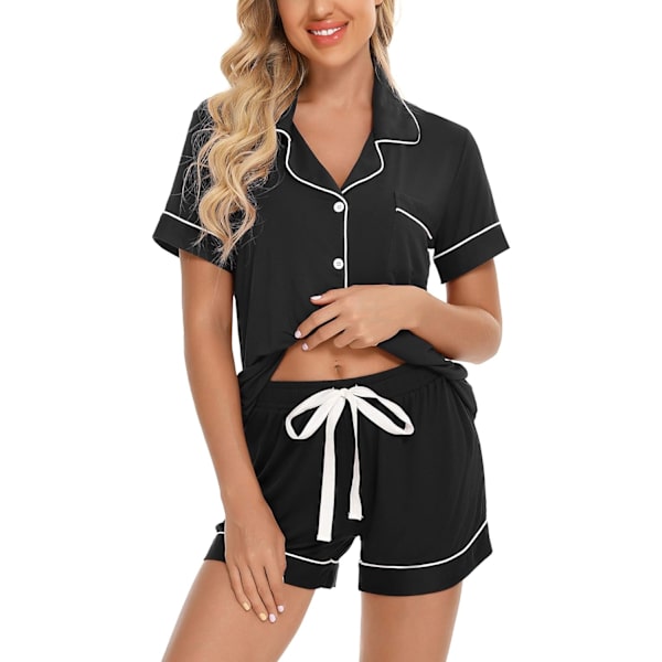 ng Dam Button Down Pyjamas Set V-hals Kortärmad Nattkläder Mjuk Pj Set S-XXL, A Style Byxor Nej A - Svart Liten