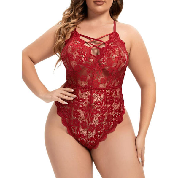nalla Dam Plus Size Spets Bodysuit Sexig Underkläder En Delad Babydoll Underkläder Vinröd Stor