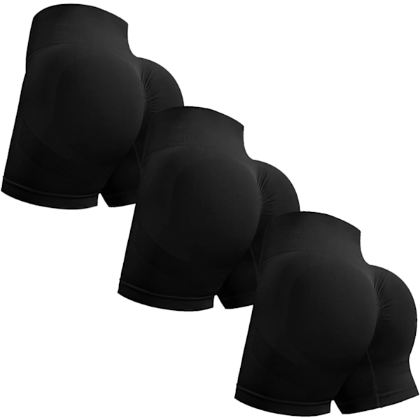 ORT 3-pack träningsshorts för kvinnor sömlösa Scrunch Butt Lifting High Waisted Yoga Gym Booty Running Short Pants Svart/Svart/Svart Medium