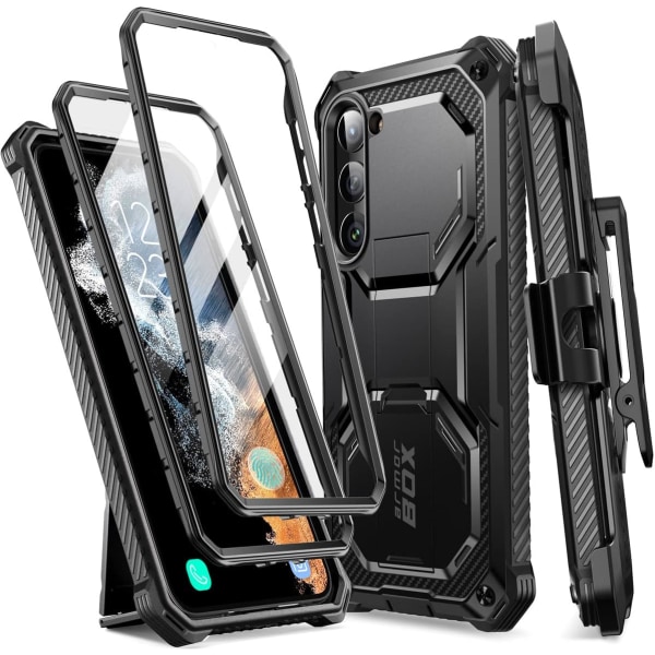 lason Armorbox Designad för Samsung Galaxy S23 Fodral, [Extra Front Frame] Helkropp Robust Stativ Holster Bumper Fodral Svart