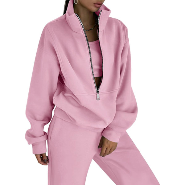 MEA Dam Fleece Tvådelad Outfit Halv Zip Sweatshirt och Joggers Byxor Set Träningsoverall Rosa Liten